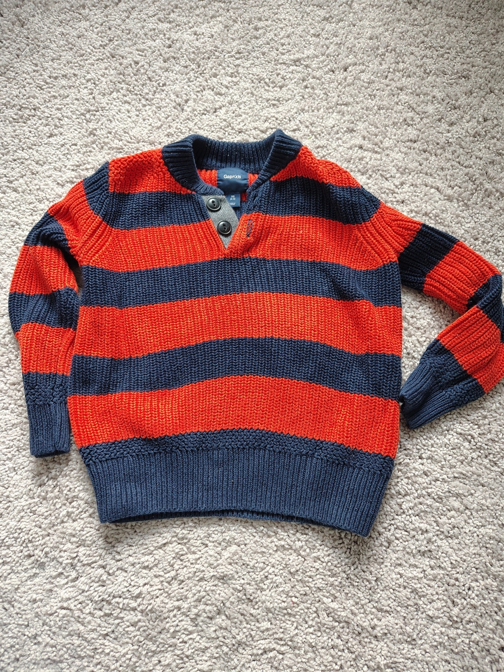 GAP Kids Orange & Navy Cotton Knit Rugby Crew Sweater, Sz XS (4/5)